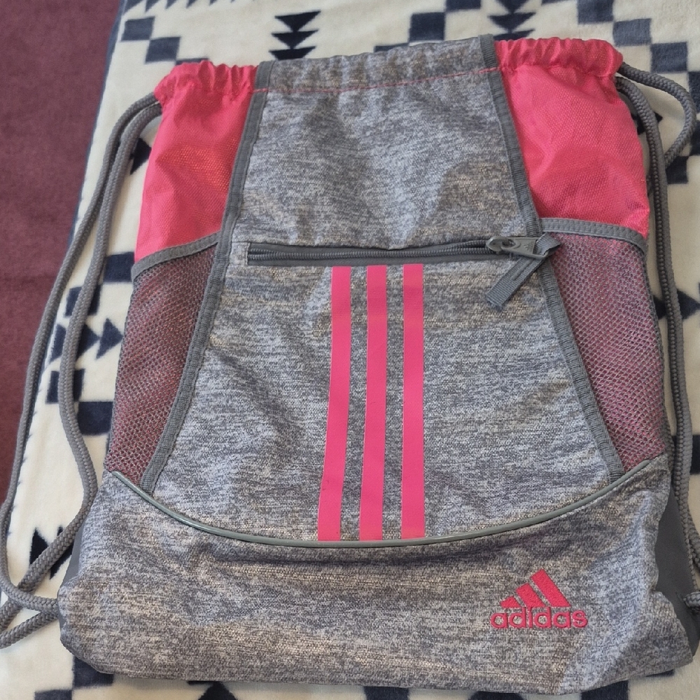 adidas Heather Gray Drawstring Sack with Pink Accents